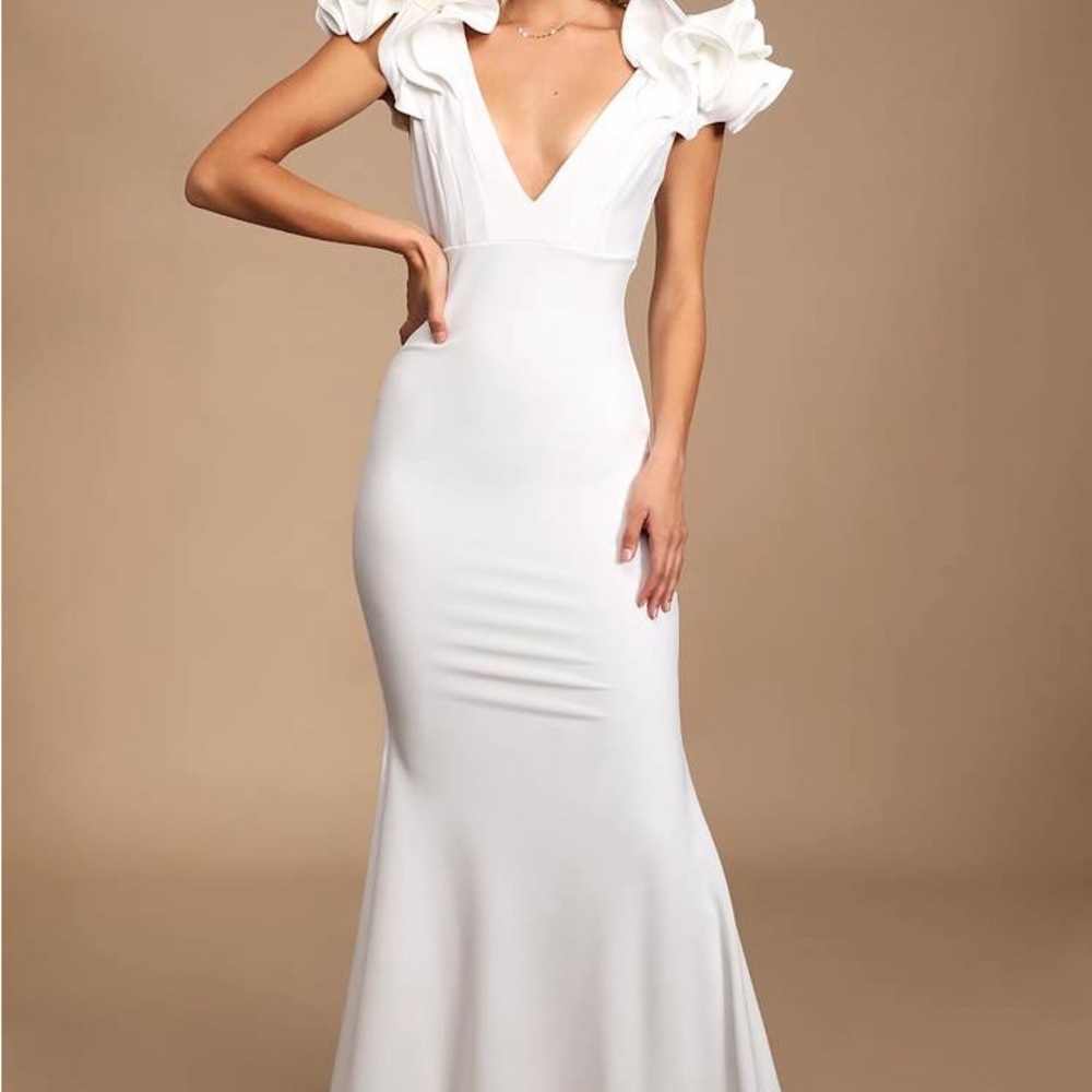 Lulu's White Deep V Maxi Dress with Ruffle Shoulders